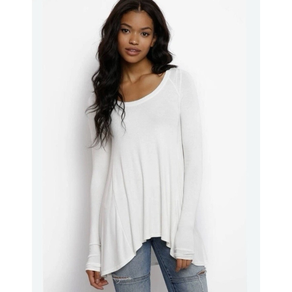 Free People January Tee White Long Sleeve Ribbed Scoop Neck Top Womens Large